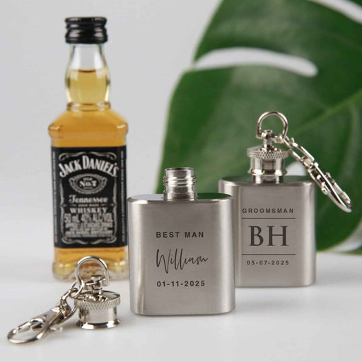 Custom designed Engraved Silver best man & groomsmen mini hip flasks favour