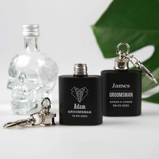 Custom Designed Laser Engraved Bridal Party Wedding Black Mini Hip Flask Keyring