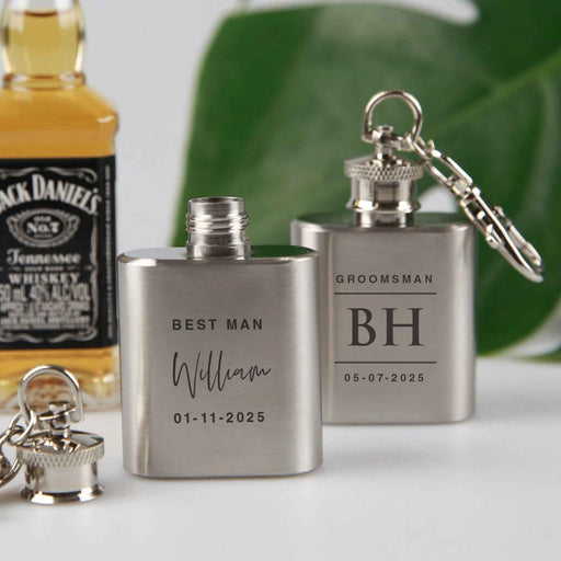 Personalised Engraved Silver bridal party mini hip flasks favour