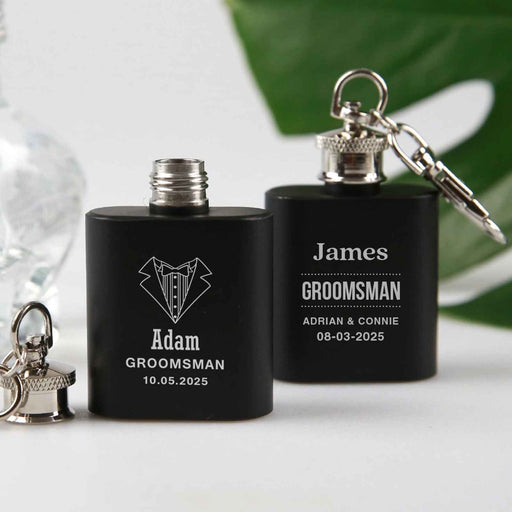 Personalised Engraved Bridal Party Wedding Favours Matte Black Mini Hip Flask Keyring