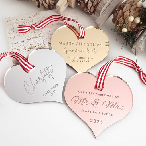 Customised Engraved Gold, Silver, Rose Gold Heart Christmas Tree Decoration