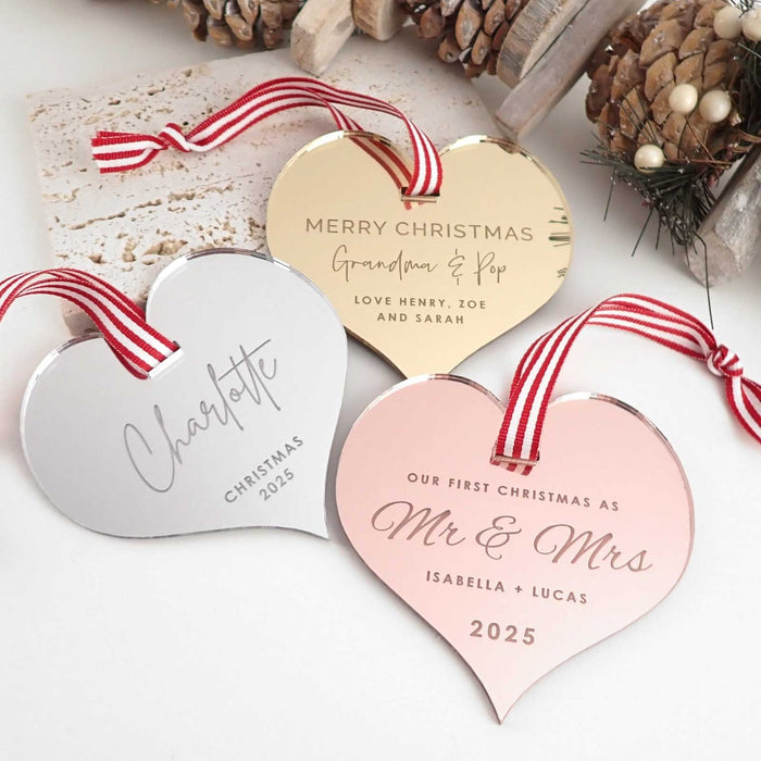 Customised Engraved Gold, Silver, Rose Gold Heart Christmas Tree Decoration