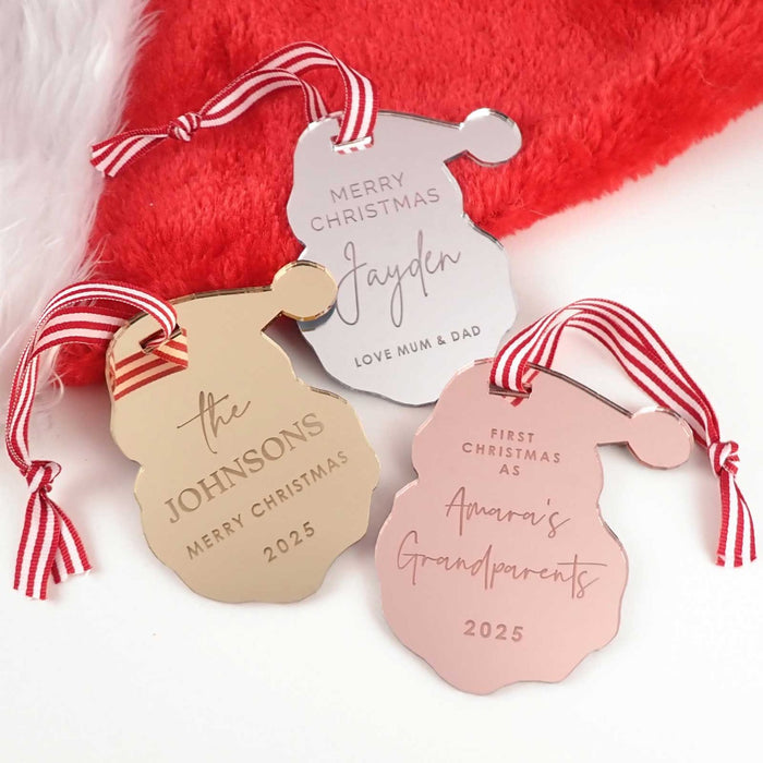 Customised Engraved Mirror Gold, Silver and Rose Gold Acrylic Santa Christmas Tree Decoration