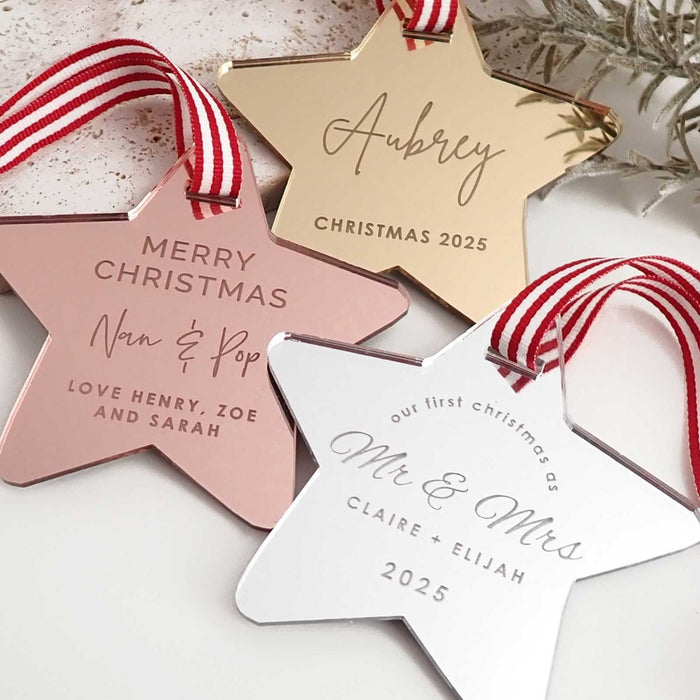 Customised Engraved Mirror Rose Gold, Gold & Silver Acrylic Star Christmas Tree Decoration