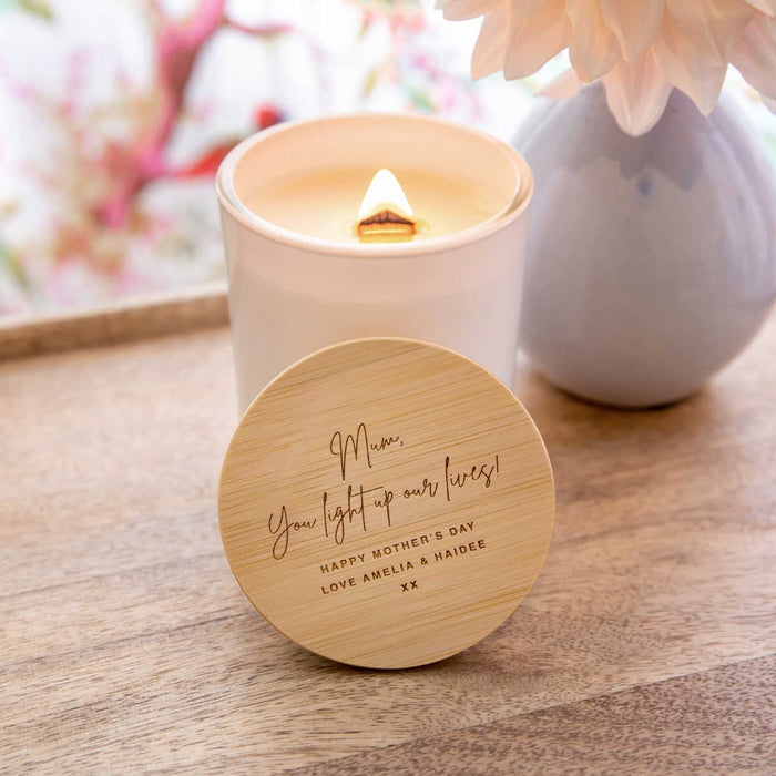 Personalised Engraved White Wood Wick Soy Candle with Wooden Lid Mother's Day Gift