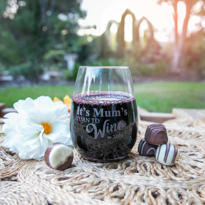 Personalised Engraved "It's Mum's Turn to Wine" Mother’s Day Stemless Wine Glass Present