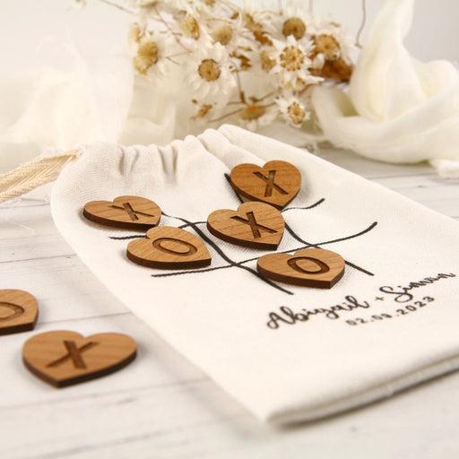 Customised Engraved Wooden Noughts & Crosses Printed Calico Bag Wedding Game Gift