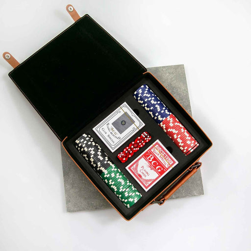 Custom poker gift set with cards, dice and chips inside