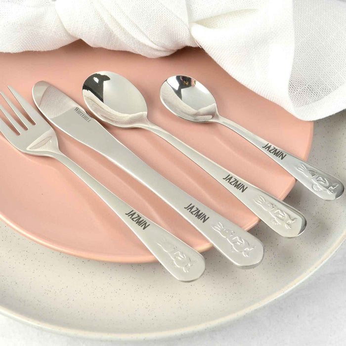 Personalised Engraved Baby's Name bunny fork, knife, spoon and teaspoon gift set