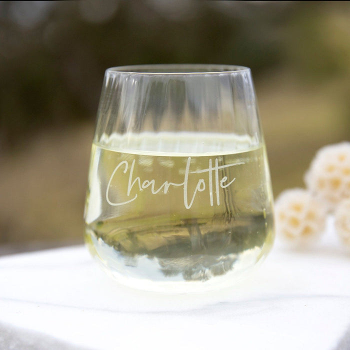 Personalised Engraved Name Ribbed Stemless Wine Glass
