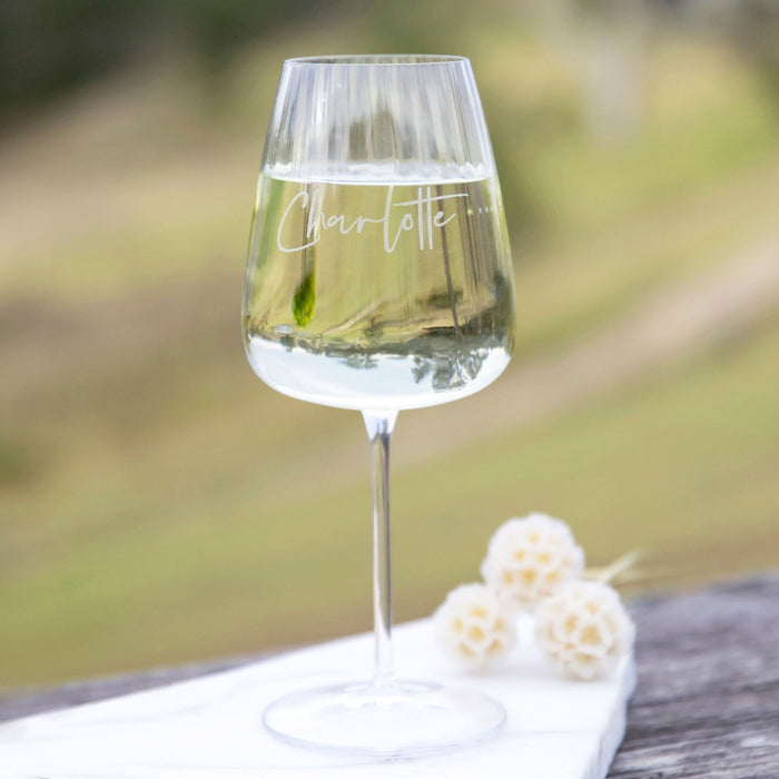 Personalised Engraved Name Ribbed Wine Glass Bridesmaid Gift
