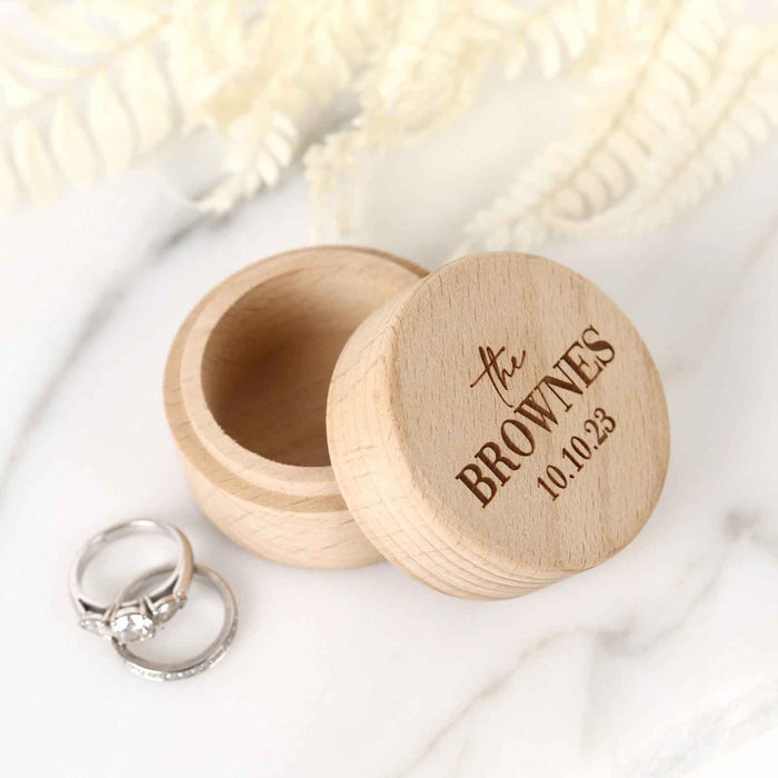 Personalised Engraved Natural Wooden Round Small Wedding Ring Box