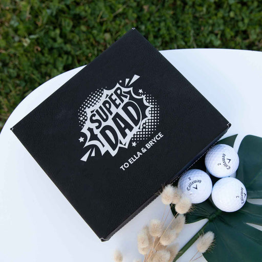 Personalised Engraved Father's Day Black leather Gold Ball Set
