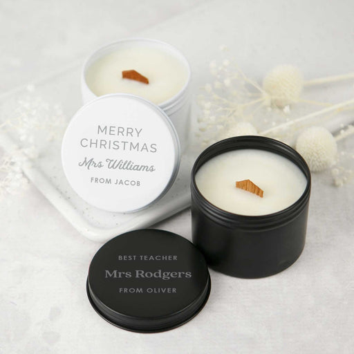 Personalised Engraved Wood Wick Soy Candle Tin Teacher's Gift