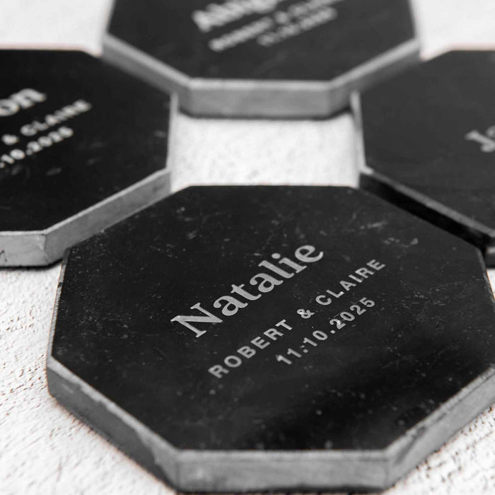 Personalised Engraved Black Octagonal Marble Coaster Wedding Place Card