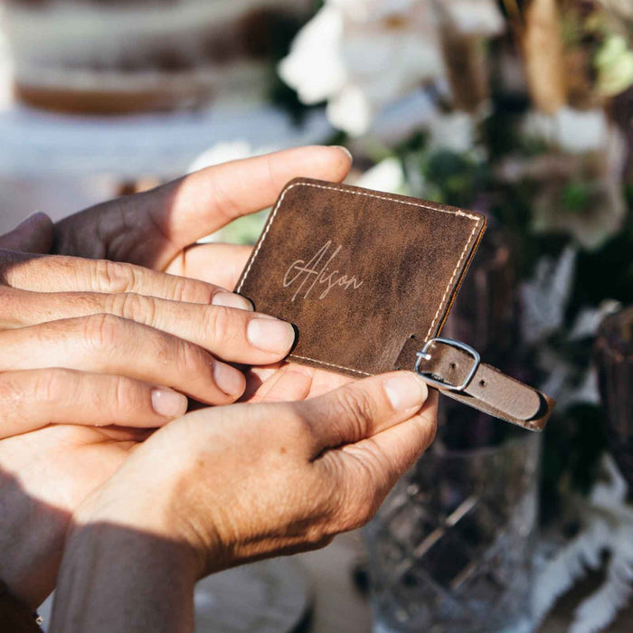 Personalised Engraved leather luggage tag for destination wedding Favour