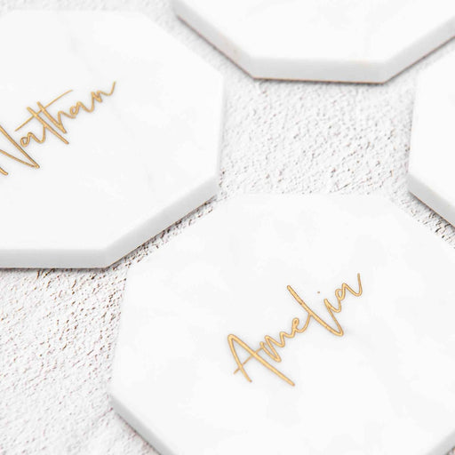 Personalised Engraved Wedding White Octagonal Marble Coaster with Metallic Gold In-fill