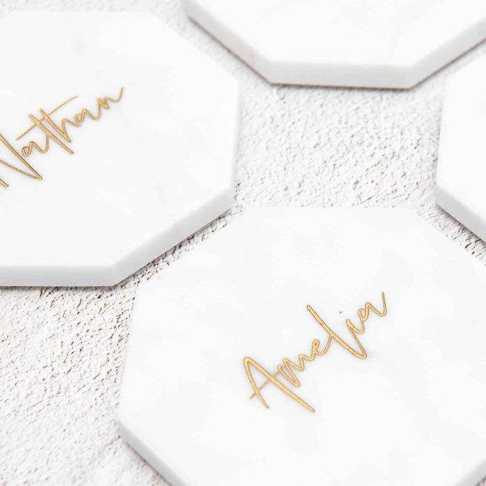 Personalised Engraved Wedding White Octagonal Marble Coaster with Metallic Gold In-fill