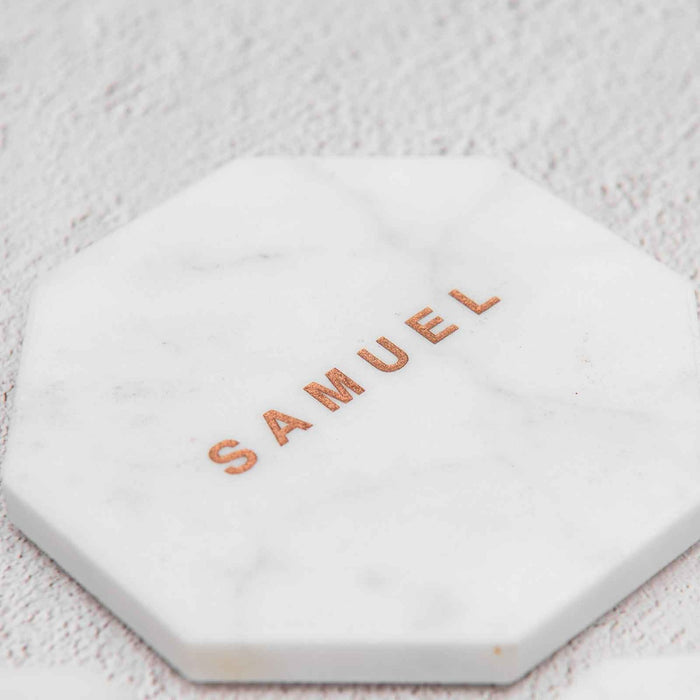 Personalised Engraved Wedding White Octagonal Marble Coaster with Metallic Rose Gold In-fill