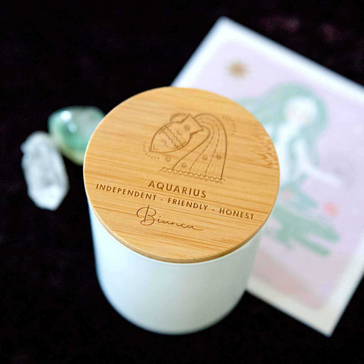 Aquarius Birthday Personalised Engraved Wooden Lid Zodiac Soy Candle with Wood Wick