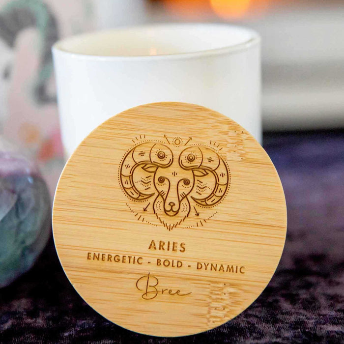 Personalised Engraved Wooden Lid Zodiac Soy Candle Aries with Wood Wick