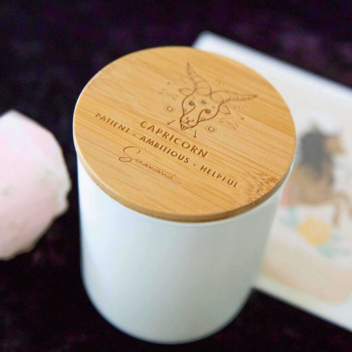 Capricorn Birthday Personalised Engraved Wooden Lid Zodiac Soy Candle with Wood Wick