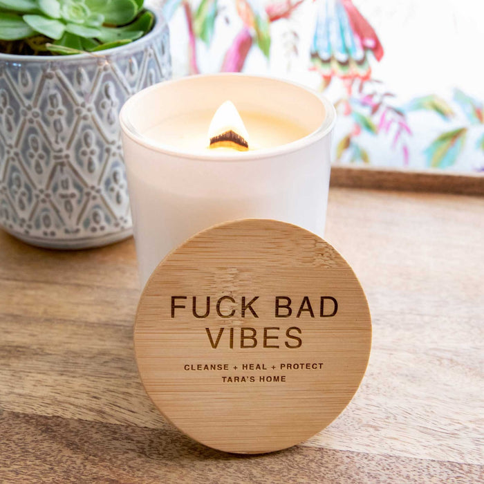 Personalised No Bad Vibes Wood Wick Soy Candle with Engraved Wooden Lid