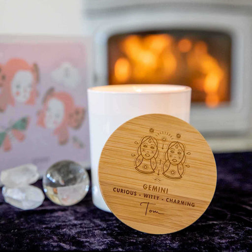 Birthday Custom Designed Engraved Wooden Lid Zodiac Soy White Candle with Wood Wick Gemini