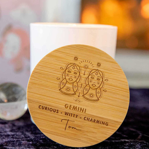 Personalised Engraved Wooden Lid Zodiac Soy Candle Gemini with Wood Wick