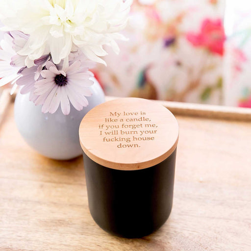 Custom Artwork Engraved Wood Wick Black Soy Candle with Wooden Lid Inappropriate Birthday Present