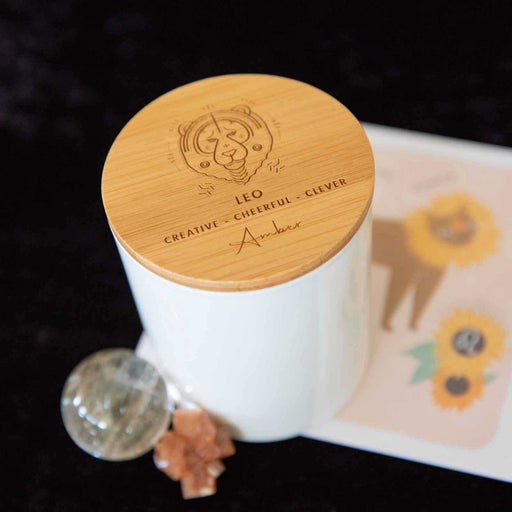 Leo Birthday Personalised Engraved Wooden Lid Zodiac Soy Candle with Wood Wick