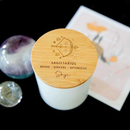 Sagittarius Birthday Personalised Engraved Wooden Lid Zodiac Soy Candle with Wood Wick