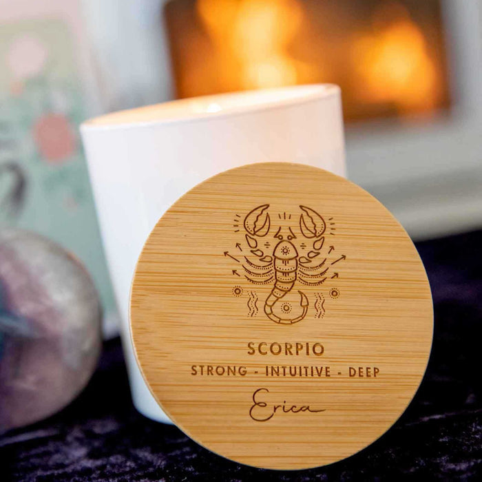 Personalised Engraved Wooden Lid Zodiac Soy Candle Scorpio with Wood Wick