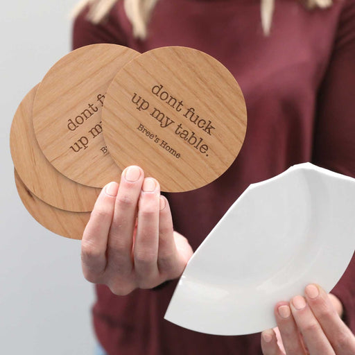 engraved personalised timber coasters inappropriate gift for home