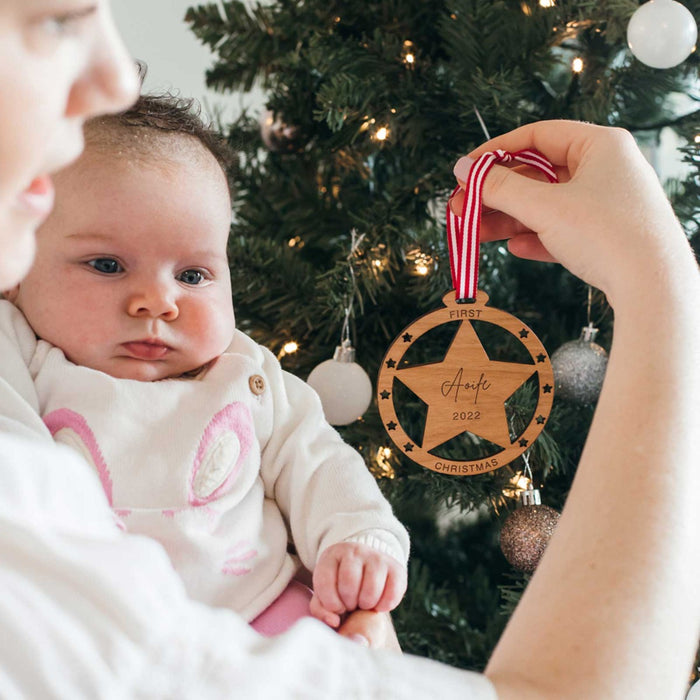 Personalised Engraved Name Wooden Bauble Star Decoration