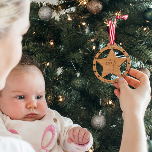 Customised Engraved Name First Christmas Wooden Bauble Star Tree Decoration