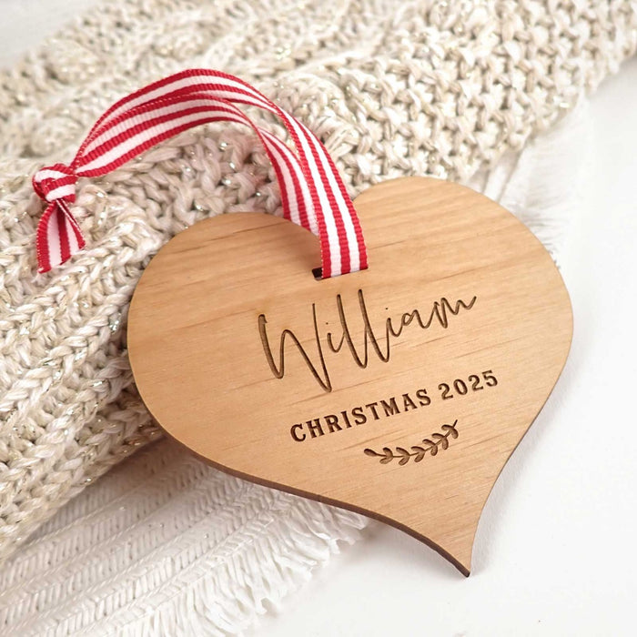Customised Engraved Wooden Heart Christmas Tree Decoration