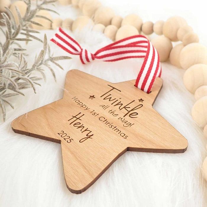 Customised Engraved Wooden Star Christmas Tree Decoration