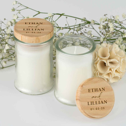 Jasmine scented candle with engraved Personalised wooden lid wedding Bomboniere