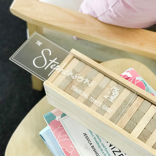 Customised Engraved Wooden Tumbling Tower Family Game Birthday Present with Clear Acrylic Lid