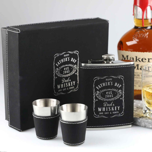 Personalised Engraved Father's Day Black Leather Hip Flask, Shot Glasses & Leather-bound Gift Box Present