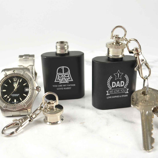 Custom Designed Engraved Father's Day Black Mini Hip Flask Keyring Presents