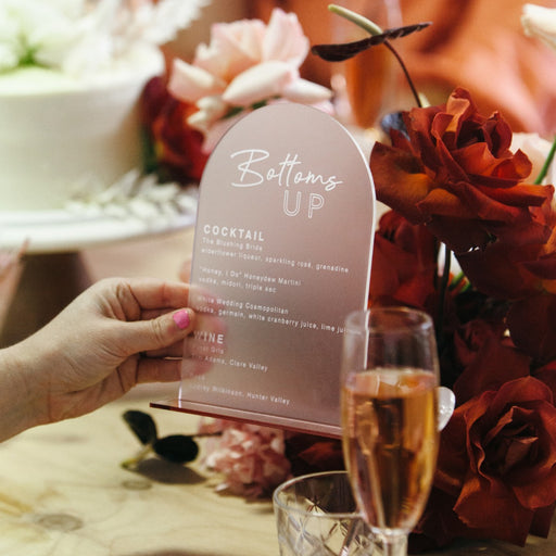 Personalised Engraved Frosted Acrylic Wedding Menus With Rose Gold Acrylic Base