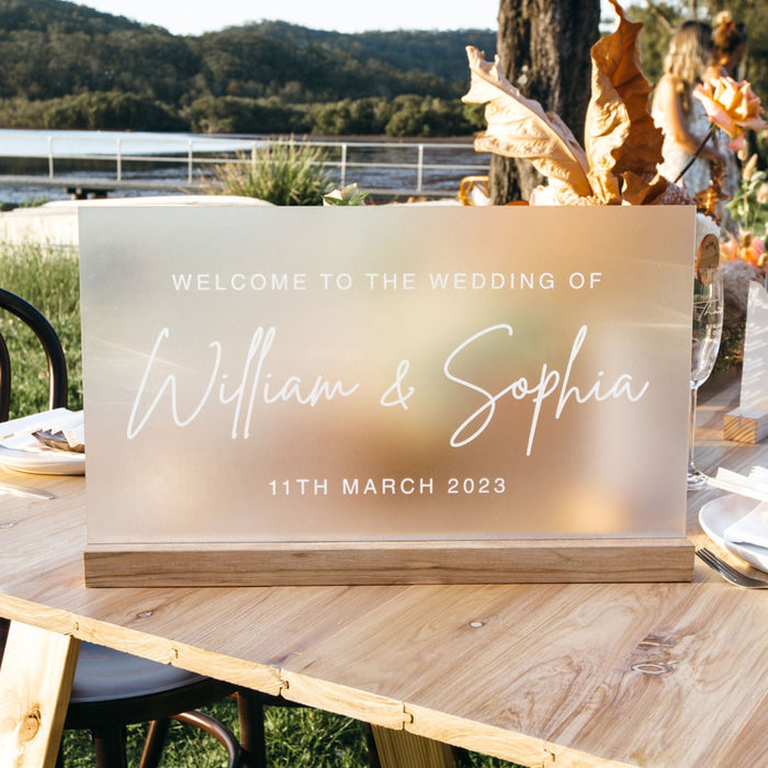 Personalised Engraved Acrylic Wedding Sign with Wooden Base