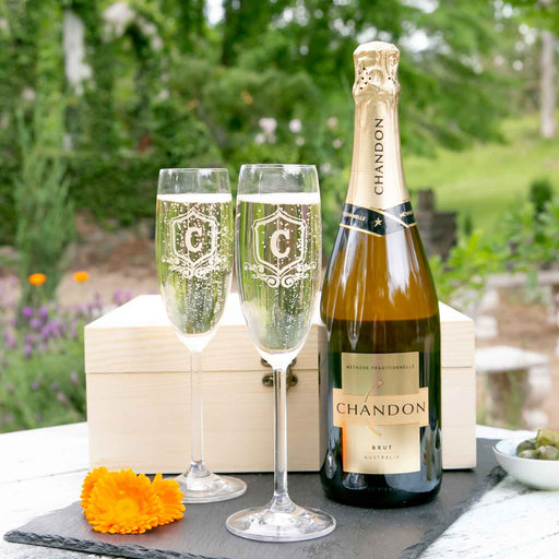 Custom champagne glass gift box with Chandon for birthdays or Christmas