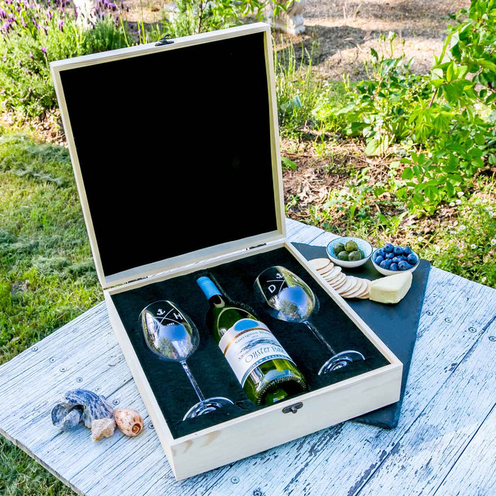 Personalised wine gift set with engraved wooden box and glasses