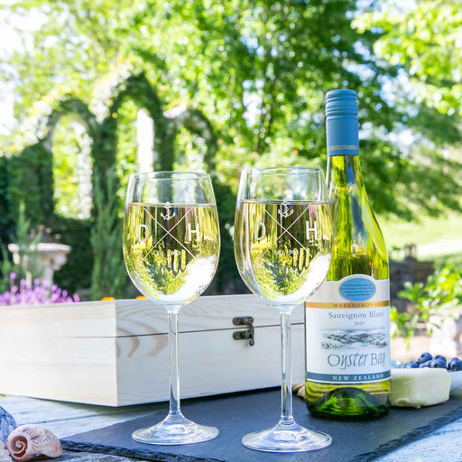 Custom engraved wine glasses with Cabernet Sauvignon or Sauvignon Blanc