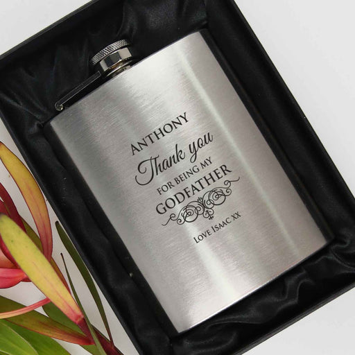 Custom Designed engraved Godparent's Godfather Silver Hip Flask Present