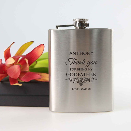 Customised Engraved Name Silver Godfather Christening Silver Hip Flask
