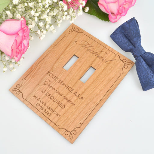 Custom designed laser engraved bow tie wooden groomsman, best man acceptance card